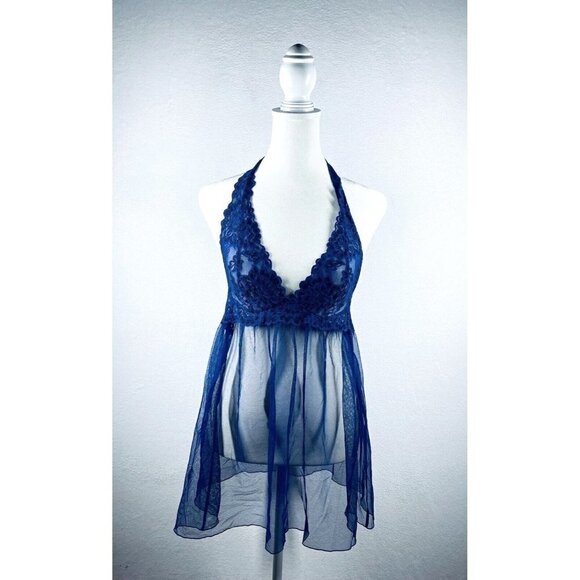 VIctorias Secret Gown Womens Medium Blue Lace Mesh Halter Babydoll Sheer - Picture 1 of 6